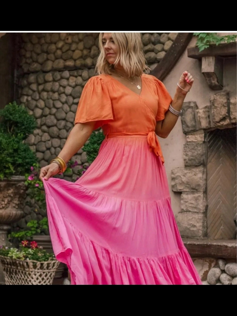 Ivy City Sunset Maxi Orange to Hot Pink Ombré V-Neck Tiered Maxi Dress